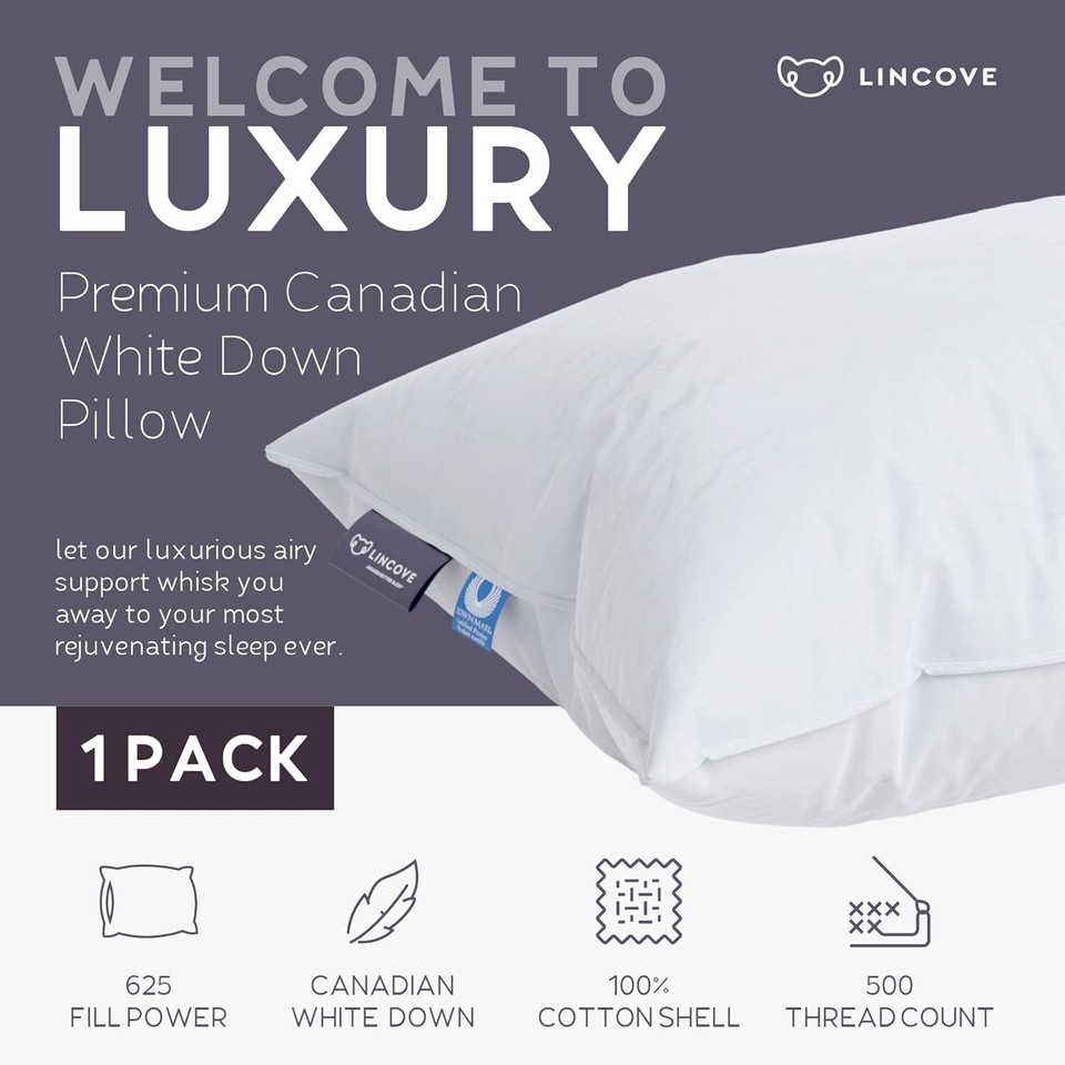 Lincove Cloud Natural Canadian White Down Luxury Sleeping Pillow 625