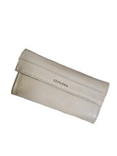 Sephora Makeup Brush Holder Clutch Tri-Fold White Faux Leather With 3 Brush