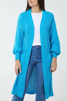Longline Turquoise Double Pocket Knitted Cardigan Made In UK One Size 8-16