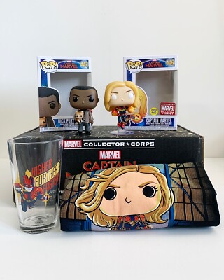 Marvel Set, Funko Pop! Captain Marvel Glow in the Dark, Nick Fury, Shirt  Glass