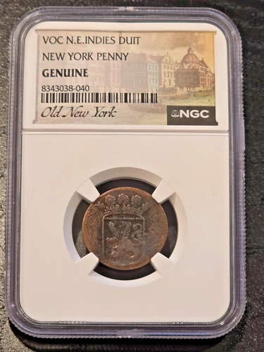 1734 VOC N.E. Indies Duit - New York Penny - NGC Genuine - Colonial Era