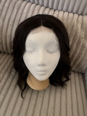 Hair Wig With Clips & Strap Lace Front 14 Inch Wavy Dark Brown With Highlights