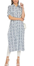 aks Women's geometric print roll tap sleeves button down long kurta Sz M