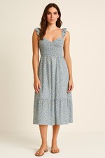 American Eagle Blue Daisy Midi Dress M Smocked Ruffle Strap Cotton Blend