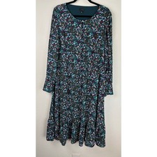 Talbots Dress Sz 18 Teal Blue Folk Floral Dress Peplum Hem Midi Peasant Boho 