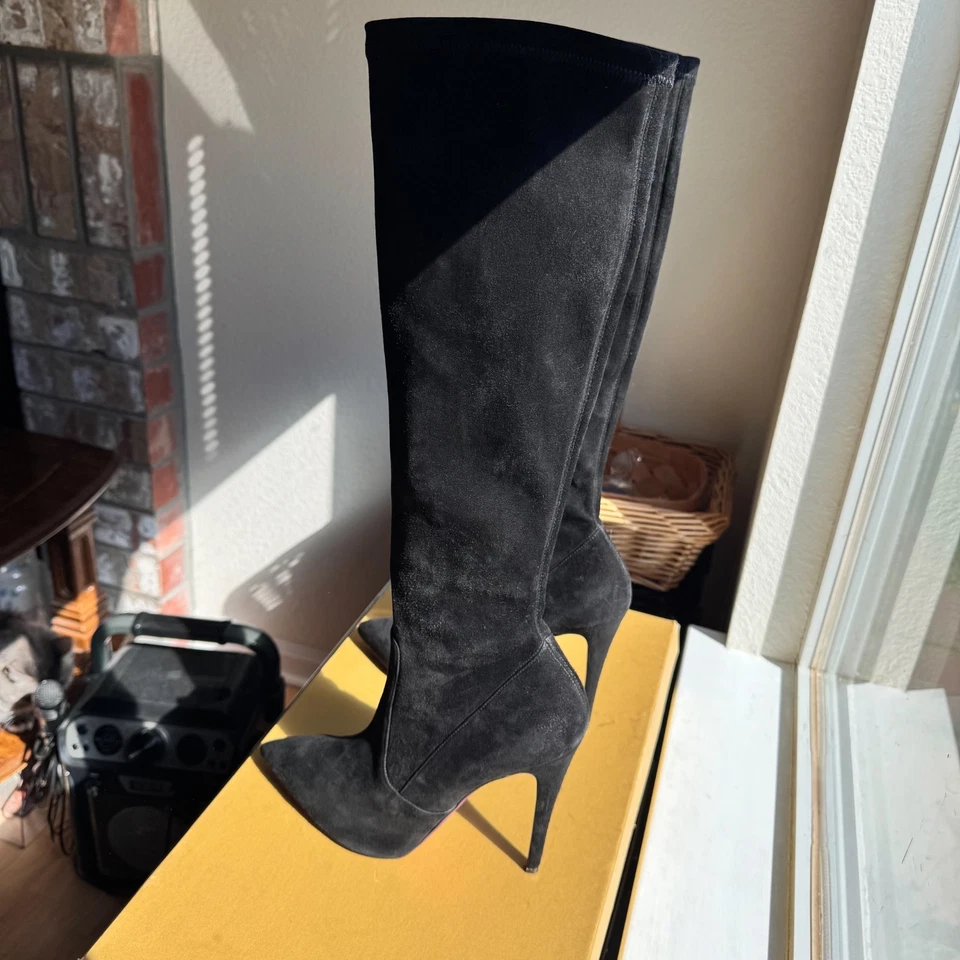 READ Amanda Gregory under knee boots black stretch suede heels Size US 12 EU 42 - Image 2 of 4
