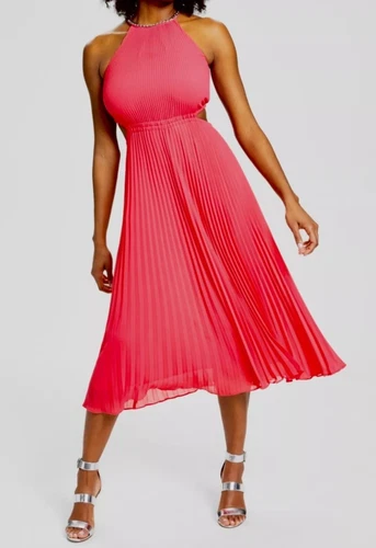 Abito MICHAEL Michael Kors plissettato ritaglio georgette donna M geranio gancio e chiusura