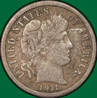 1911 Barber Dime Silver Choice Very Fine VF+ Coin, Scrape #32677