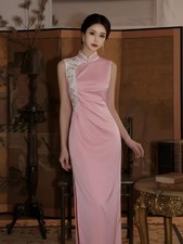Pink Sleeveless Chinese Qipao With Draped Side Design