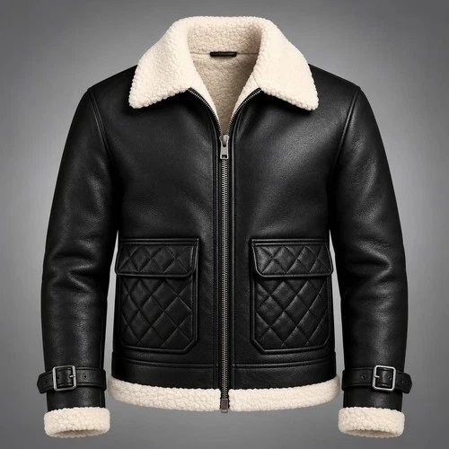 Men's Black RAF B3 Bomber Shearling Flying Aviator Real Sheepskin Leather Jacket - product listing photo
