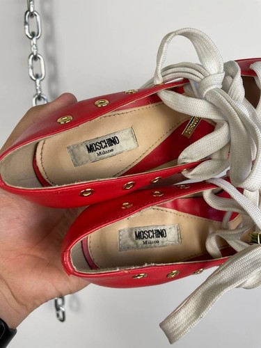 Moschino Italy Leather Pumps Heeled Sneakers Red White Lace-Up Size 39 US 8.5 - Picture 15 of 17