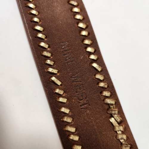 nine west leather wms belt whip stitch oval brass studded buckle sz small gold - Picture 9 of 13