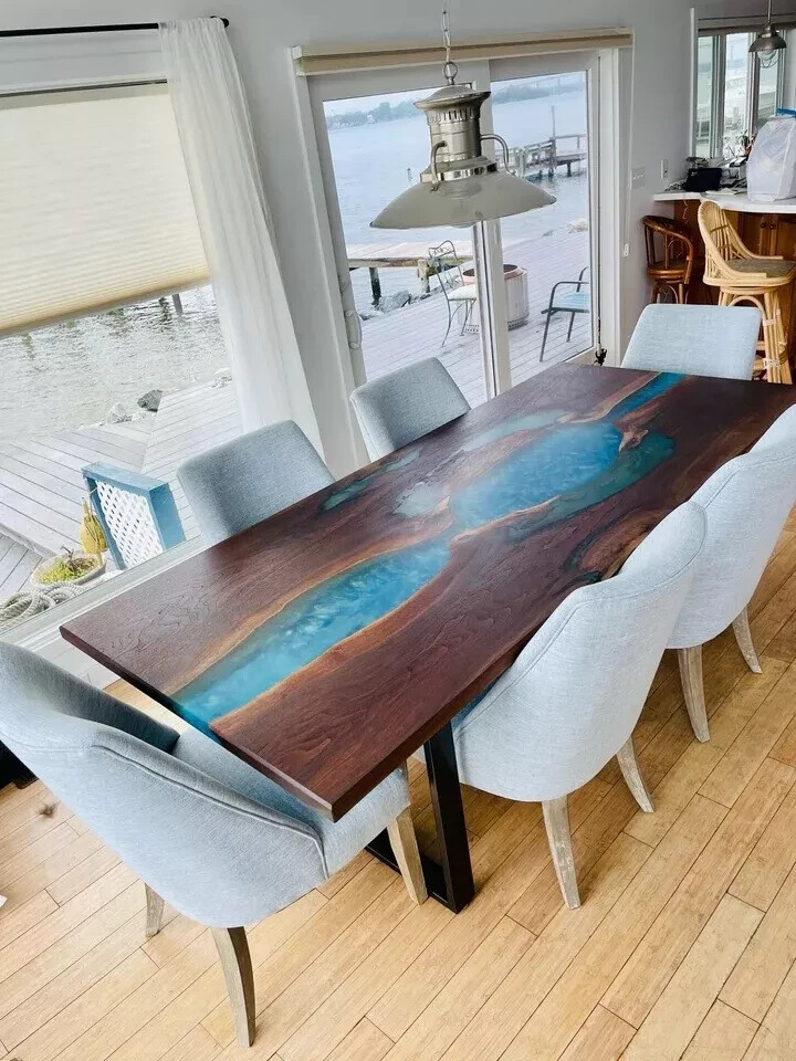 Blue Epoxy Resin Center Sofa Table, Luxury Furniture Table, Epoxy Wood Table Dec-image