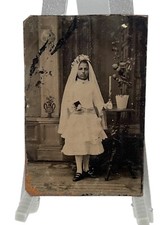 Antique Tintype Little Girl Dark Hair Catholic Communion