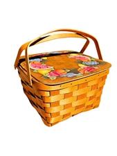 Vintage Picnic Basket With Colorful Lid, Fruit Pattern Basket
