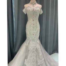 Elegant Mermaid Wedding Dresses Sweep Train Lace Up Ball Gown Beads Bridal Gowns