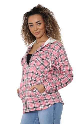 Ladies Hooded Check Baggy Long Sleeve Shacket Top Womens Shirt Blouse Jacket - Picture 5 of 6