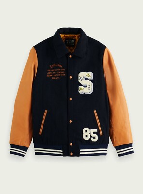 Scotch & Soda Jacket - Wool & Leather College Varsity In Blue