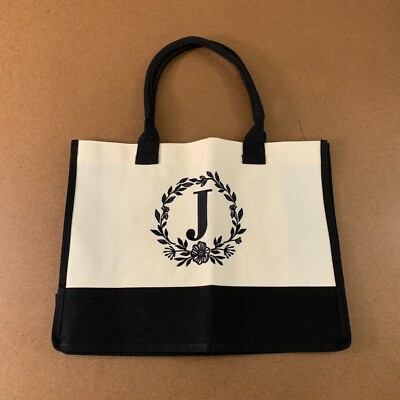Womens J Embroidered Monogram Black Natural Canvas Tote Bag New