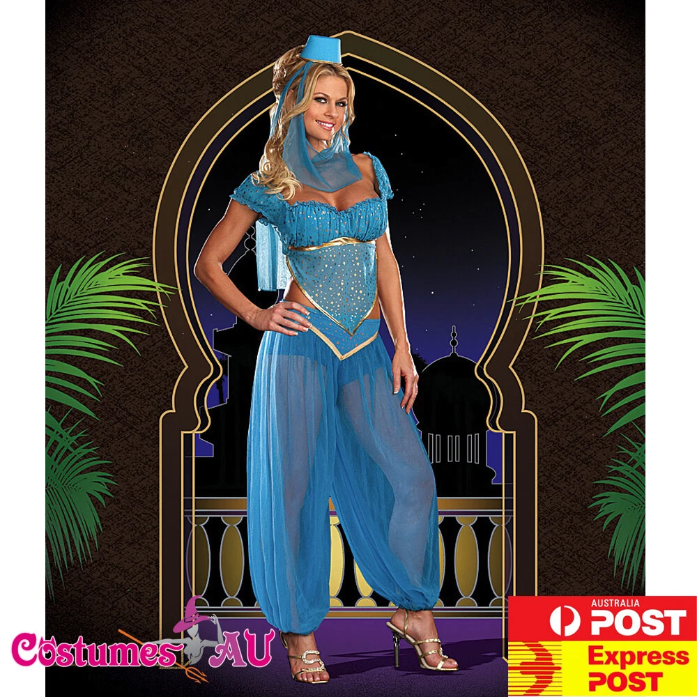 Ladies Arabian Genie Aladdin Costume Womens Blue Book Week Disney Fancy Dress