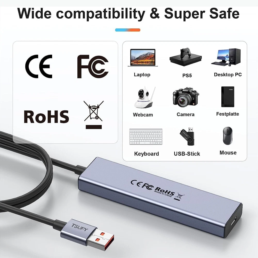 High-Speed USB 3.2 Hub - 4-Port 10Gbps Splitter with 4ft Cable