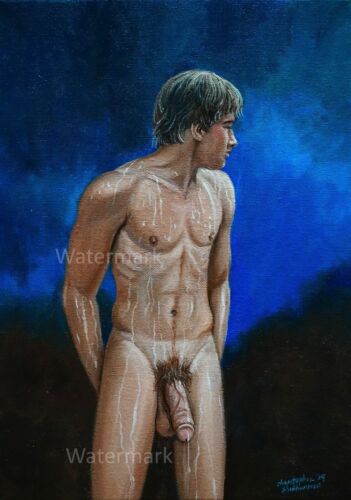 5x7 in. Gay male Dipper swim in the night painting in print by Shellhammer