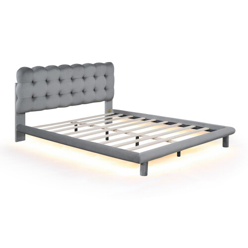 Queen Size Velvet Platform Bed with LED Frame, Thick & Soft Fabric and Button-tu - Picture 6 of 18