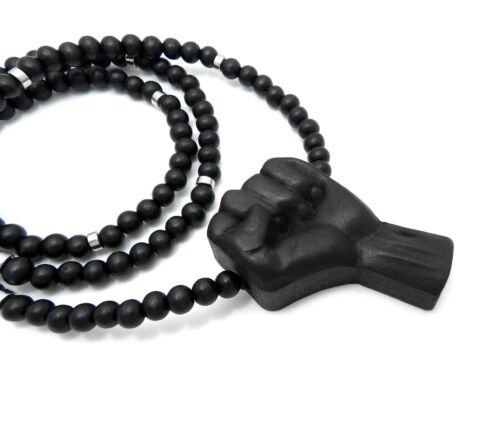 RAPPER STYLE BLACK FIST PENDANT & 8mm 30" WOODEN BEAD CHAIN HIP HOP NECKLACE - Picture 12 of 14