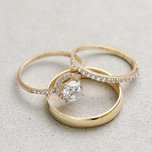 1.5Ct Round Cut Lab Created Diamond His Her Trio Ring Set 14K Yellow Gold Plated