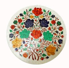 Table D'Angle En Marbre 12" Avec Incrustation Florale En Pierre Art Marqueterie