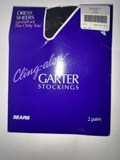 CLING ALON GARTER STOCKINGS 2 PAIRS DRESS SHEERS SHAPELY OFF BLACK VINTAGE NIP