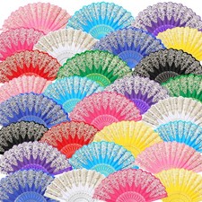 50 Pcs Folding Chinese Hand Fan Bulk Different Flower Patterns Fabric Clackin...
