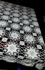 Vintage Romanian 96” X 54” Hand Crotchet Macrame Tablecloth Beige Exquisite OOAK