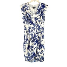 NWT Express White & Blue Floral V-Neck Draped Elastic Waist Dress SIZE SMALL