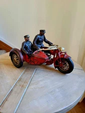 Vintage 1930s Hubley Cast Iron Police Indian Motorcycle with Sidecar 9"