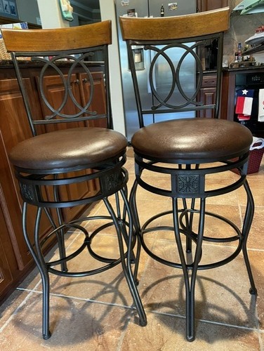30” Bar Height Swivel Bar Stools Set of 2 w/Back & Faux Leather Seat