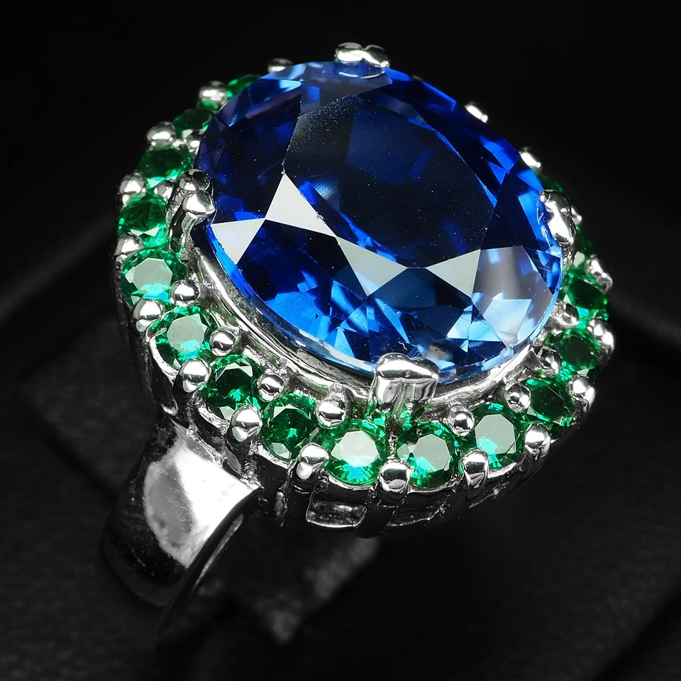 Inestimables anillos con halo de oro blanco de plata de ley 925 de 8,10 quilates con zafiro azul real Foto 3 de 4