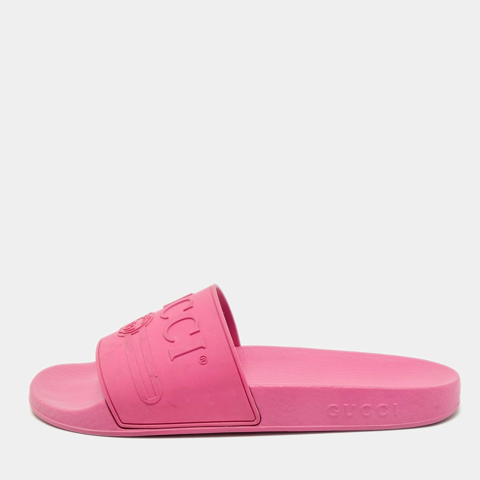 Gucci Pink Rubber Logo Embossed Pool Slides Size 40