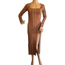 LPA Boone Midi Knit Dress Size M Leg Slit Bronze Glitter Form Fitting Bodycon