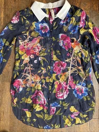 Aratta Silent Journey Semi Sheer Embroidered Floral bird Button Up M - Picture 3 of 15