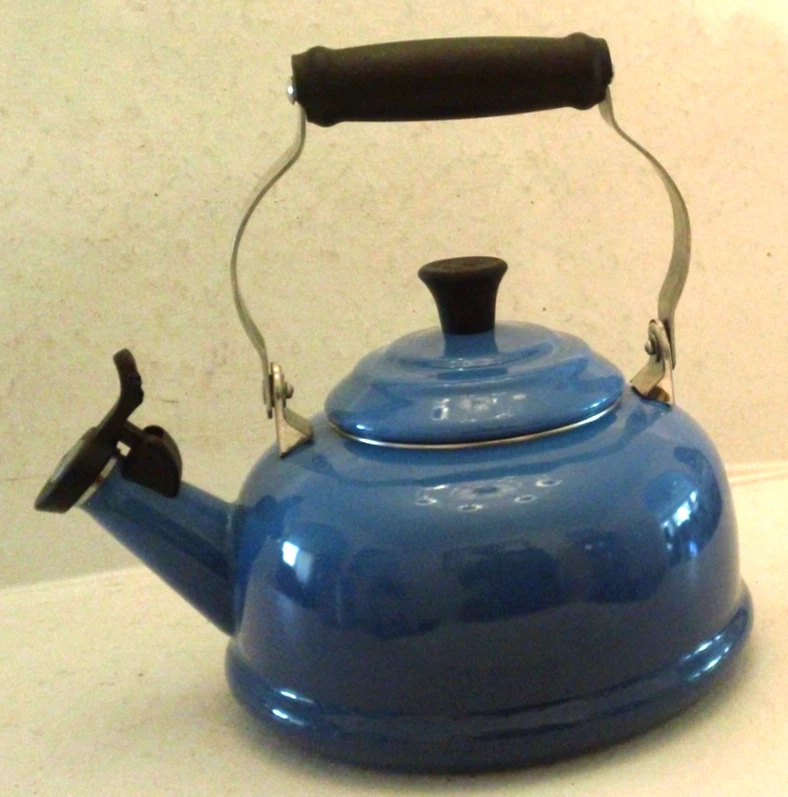 Le Creuset Enamel Steel 1.7 Qt Whistling Tea Kettle-Possibly Azure Blue-2 Chips