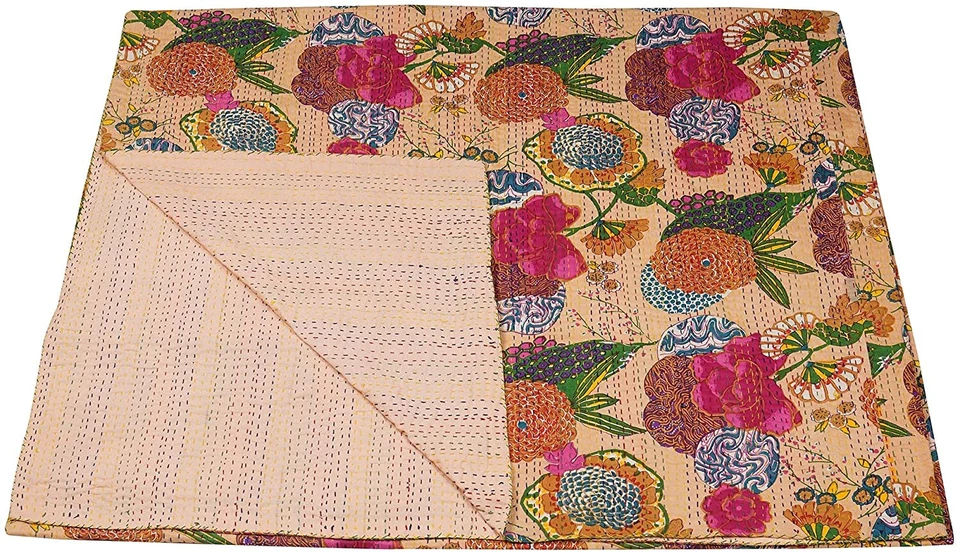 Colcha 100 % algodón Kantha edredón estampado de frutas colcha King Throw indio Gudari Foto 3 de 4