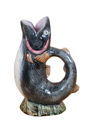 Antigua jarra de pescado de gárgaras de porcelana mayólica del siglo XIX 11" - Imagen 1 de 11