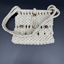Vintage Boho Purse/Bag Macrame Crochet Woven Beaded Accents Beige One Of a Kind