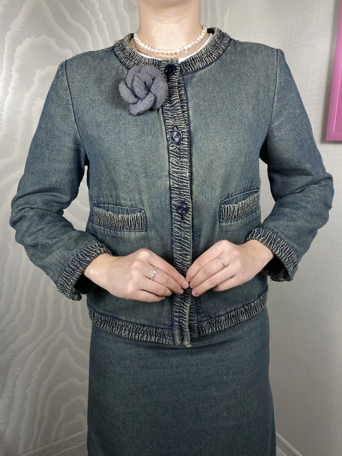 Rara giacca blazer tuta denim vintage Chanel 2001 + minigonna set quattro tasche