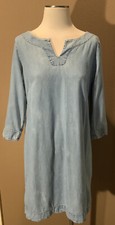 Talbots 10 P Blue Coastal Chambray Dress W Scalloped Trim  V-Neck  