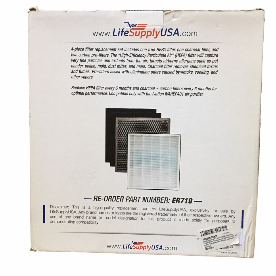 LifeSupply USA 4 Piece HEPA Charcoal Carbon Filter Replacement Set Part