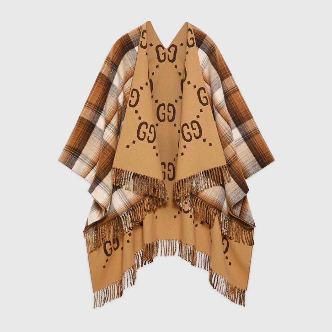 Gucci Wool Poncho Cape Reversible Check GG Logo Brown Beige