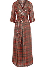 Alice + Olivia Chap Dress Plaid Wrap Metallic Red Tie Waist Midi Silk Size 0 NWT