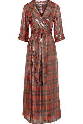 Alice + Olivia Chap Dress Plaid Wrap Metallic Red Tie Waist Midi Silk Size  0 NWT | eBay